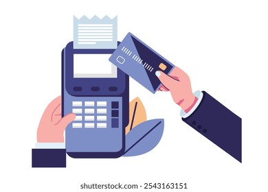 Contactless payment. Human hand holding credit car flat illustration
