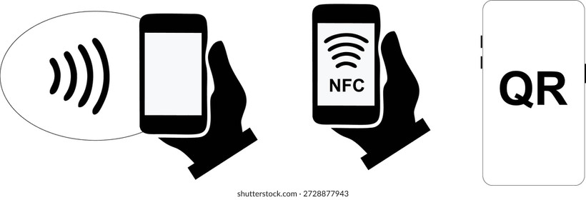 Contactless Payment Icon Set with NFC and QR Code Scanner on Smartphone, Black Vector Illustration for Mobile Wallet, Digital Transaction, and E-commerce Checkout.