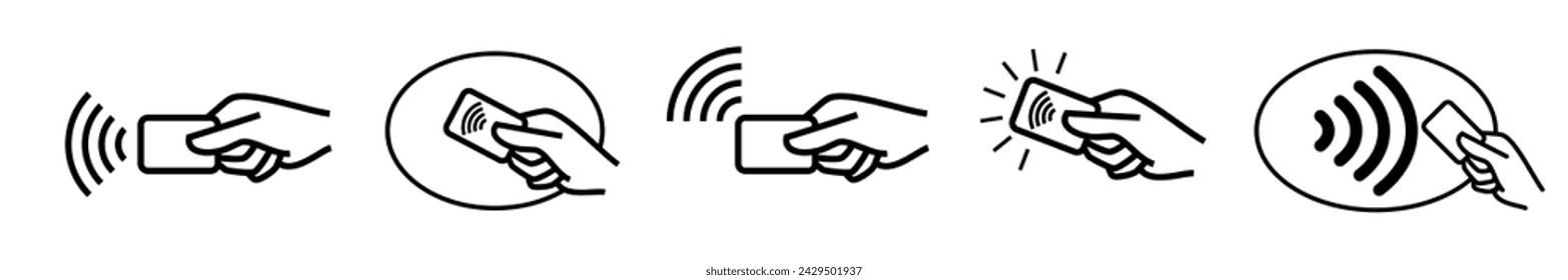 Contactless payment icons, credit card and hand tap pay wave. Vector wireless NFC and contactless pay pass icons set