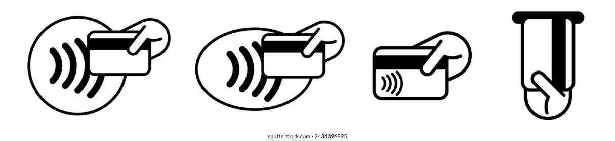 Contactless payment icons of credit card and hand tap pay wave. Vector wireless NFC and contactless pay or card pass pictograms
