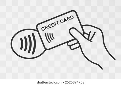 Ícones de pagamento sem contato, cartão de crédito e toque de mão onda de pagamento.  Ícones NFC sem fio e pay-pass sem contato definidos. Imagem de ilustração vetorial. Isolado no plano de fundo.