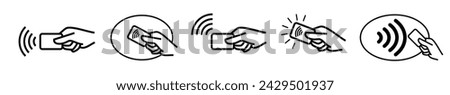 Contactless payment icons, credit card and hand tap pay wave. Vector wireless NFC and contactless pay pass icons set