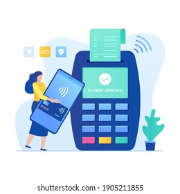 Contactless payment illustration concept with woman character. Illustration for websites, landing pages, mobile applications, posters and banners