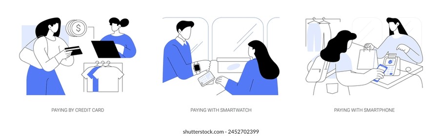 Contactless payment isolated cartoon vector illustrations set. Paying in the shop by credit card, payment using his smartwatch, transfer money with smartphone, nfc connection vector cartoon.