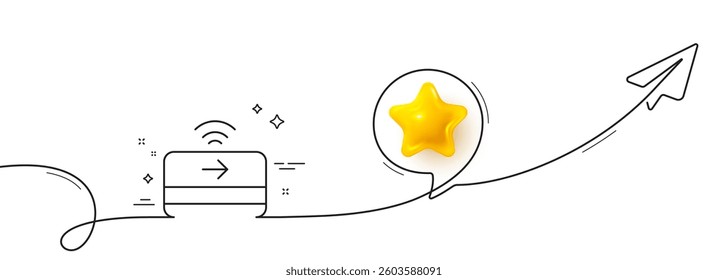 Contactless payment line icon. Continuous line with share plane. Credit card sign. Finance symbol. 3d star in speech bubble. Contactless payment single line ribbon. Loop curve pattern. Vector