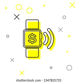 Contactless payment line icon isolated on white background. Smartwatch with nfc technology making wireless contactless transactions. Vector Illustration