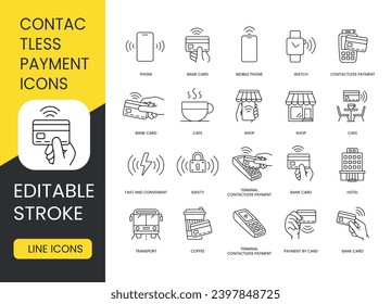 Contactless payment line icons set vector editable stroke, Watch and Mobile Phone, Bank Card and Cafe, Shop and NFC, Wi Fi and Hotel, QR Code and Terminal, Safety and Fast and Convenient, Transport