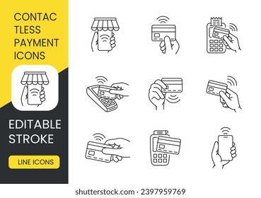 Contactless payment line icons set vector editable stroke, phone in hand, bank card and terminal