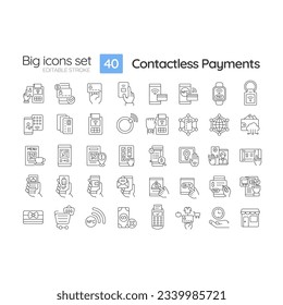 Juego de iconos lineales de pago sin contacto. Tarjeta de débito. Pagar con banca telefónica en línea. Terminal Pos. Tecnología Nfc. Símbolos de línea delgada personalizables. Ilustraciones aisladas del contorno vectorial. Trazo editable