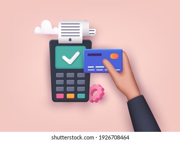 Contactless payment. Male hand holding credit card. Illustration of wireless mobile payment by credit card. 3D Vector Illustrations.