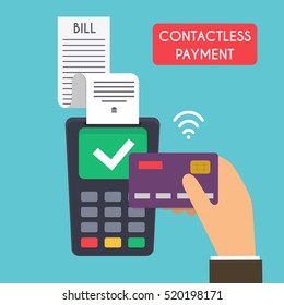 Contactless payment. Male hand holding credit card. Illustration of wireless mobile payment by credit card. Flat design modern vector illustration concept. 