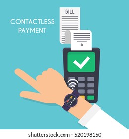 Contactless payment. Male pay with smart watch. Illustration payment system on wearable bracelet devices concept. Flat design modern vector illustration concept. 