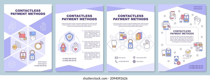 Prospektvorlage für kontaktlose Zahlungsmethoden. Booklet Print-Design mit linearen Symbolen. Vektorgrafiken für Präsentationen, Jahresberichte, Anzeigen. Arial-Black, Myriad Pro-Regular Schriftarten verwendet