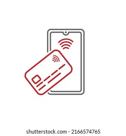 Contactless payment method by bank credit or debit card via mobile application. Linear style, empty outline.