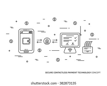 Contactless payment method vector linear (line) illustration. Smartphone contactless payment technology creative concept. Secure NFC payment app for store (wallet, transfer, counter) graphic design.