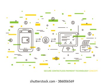 Contactless payment method vector linear (line) illustration. Smartphone contactless payment technology creative concept. Secure NFC payment app for store (wallet, transfer, counter) graphic design.