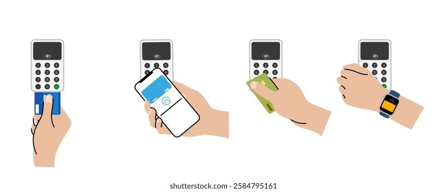 Contactless payment methods – Credit card, smartphone, smartwatch. Flat illustration. Suitable for fintech, banking apps, payment services, and financial presentations.