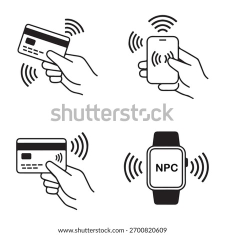 Contactless payment methods: credit card, mobile phone, and smartwatch nfc technology icons illustration set.
