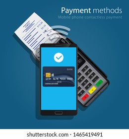 Contactless Payment Methods Mobile smart phone and wireless POS Terminal realistic style icons. Design concept of process contact less payments. Vector illustration