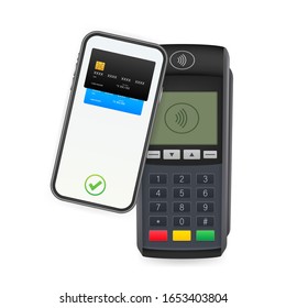 Métodos de pago sin contacto Teléfono inteligente móvil y terminal POS inalámbrica estilo realista. Ilustración de material vectorial