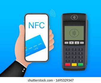 Contactless Payment Methods Mobile smart phone and wireless POS Terminal realistic style. Vector stock illustration