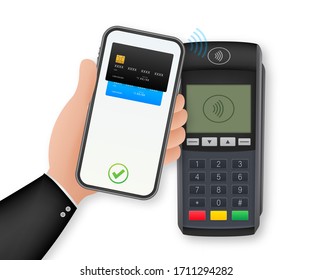 Unberührte Zahlungsmethoden Mobile Smartphone und Wireless POS Terminal realistischen Stil. Stockillustration für Vektorillustrationen.