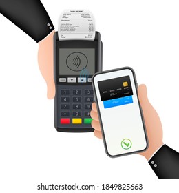 Contactless Payment Methods Mobile smart phone and wireless POS Terminal realistic style. Vector stock illustration