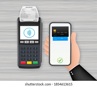 Contactless Payment Methods Mobile smart phone and wireless POS Terminal realistic style. Vector stock illustration