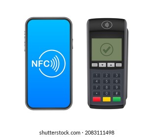 Contactless Payment Methods Mobile smart phone and wireless POS Terminal realistic style. Vector stock illustration.