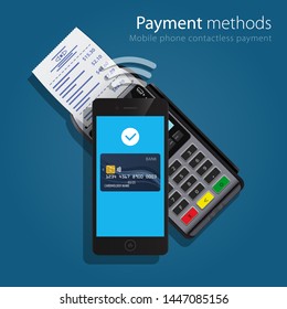 Contactless Payment Methods technology Mobile smart phone and wireless POS Terminal realistic style icons. Design concept of process contact less payments. Vector illustration