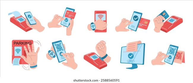 Contactless Payment Methods in Various Transactions, featuring devices, payment cards, and mobile applications, and cashless 