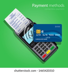 Contactless Payment Methods wireless POS Terminal and bank credit card realistic style icons. Design concept of process contact less payments. Vector illustration