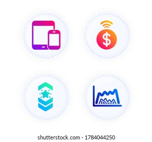 Contactless payment, Mobile devices and Shoulder strap icons simple set. Button with halftone dots. Trade chart sign. Financial payment, Smartphone with tablet, Star rank. Market data. Vector