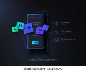 Contactless Payment. Mobile Phone On A Black Background With A Payment System Interface. Online Money Transfer. Modern Vector Illustration.