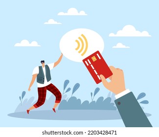 Pago sin contacto, soluciones bancarias modernas, hábitos de los clientes. Joven hombre feliz con tarjeta de crédito. Transacción inalámbrica, pago al cliente con el sistema bancario NFC. Concepto plano de dibujos animados