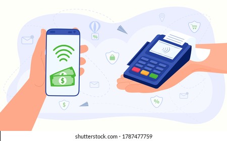 Contactless payment, money transfer vector illustration. Cartoon flat hands using smartphone mobile app, paying for shopping in terminal, pay with nfc cashless technology concept isolated on white