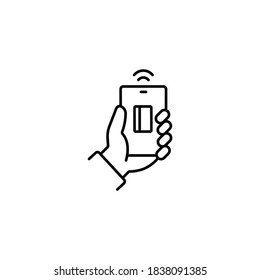 Contactless payment, NFC, hand holding smartphone simple thin line icon vector illustration`