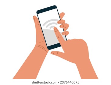 Pago sin contacto. Captura de pantalla de la señal de NFC. Mano humana sosteniendo el teléfono móvil. Ilustración vectorial plana aislada en blanco. Concepto de pagos financieros. Uso de aplicaciones de pago Smartphone. Pago NFC.
