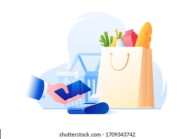 Contactless Payment. NFC Technology. Pay For Purchases Using Your Smartphone. Paying For Purchases At Supermarket. Colorful Vector Illustration In Flat Style.