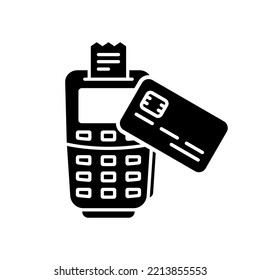 Contactless Payment on POS Silhouette Icon. Tap Bank Card to Terminal for Wireless Transaction NFC Technology Glyph Pictogram. Credit Card Pay on Terminal Icon. Isolated Vector Illustration.