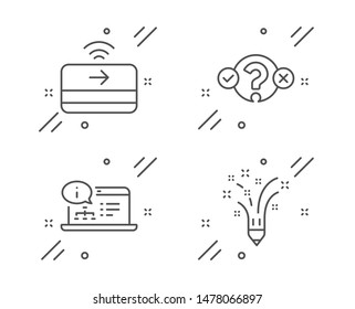 Contactless payment, Online documentation and Quiz test line icons set. Inspiration sign. Financial payment, Web engineering, Select answer. Creativity pencil. Education set. Vector
