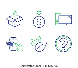 Contactless payment, Organic product and Computer line icons set. Send box, Education and Question mark signs. Financial payment, Leaves, Pc component. Delivery package. Technology set. Vector
