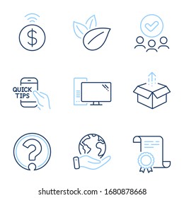 Contactless payment, Organic product and Computer line icons set. Diploma certificate, save planet, group of people. Send box, Education and Question mark signs. Vector