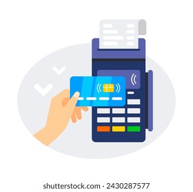 Pago sin contacto. Pagar al terminal de correos. Mano humana sosteniendo crédito cerca del terminal POS para pagar. Ilustración de vector