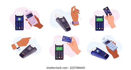 Pago sin contacto, personas que pagan con sistema NFC, ilustración vectorial plana aislada en fondo blanco. Conjunto de terminales de pago con las manos con tarjetas de crédito, smartphones y relojes inteligentes.