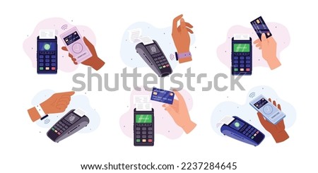 Contactless payment, people paying with NFC system, flat vector illustration isolated on white background. Set of payment terminals with hands holding credit cards, smartphones and smart watches.