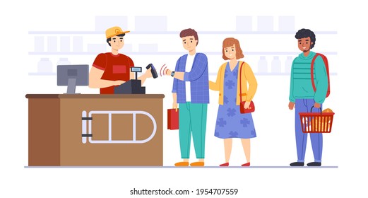 Contactless Payment. People At Shop Or Supermarket Checkout, Man And Woman Make Transaction Using Electronic Wristband, Apps Interaction, Customer Queue. Vector Cartoon Isolated Concept