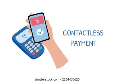 Contactless payment. Phone in hand. Purchase payment by NFC technology in smartphone and POS terminal. Near Field Communication. Cashless paying. Flat vector illustration.