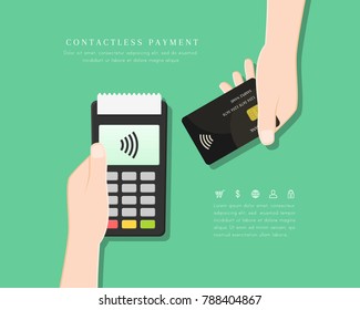 Contactless Payment With POS Terminal And Hand Holding Card In Flat Design. Wireless And Mobile Transaction With NFC Technology.