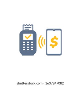Contactless payment with pos terminal and smart phone, vector icon